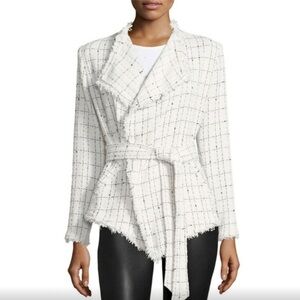 IRO Like New Quinet Soft Knit Belted Tweed Frayed Wrap Cream Jacket Size 34 (XS)